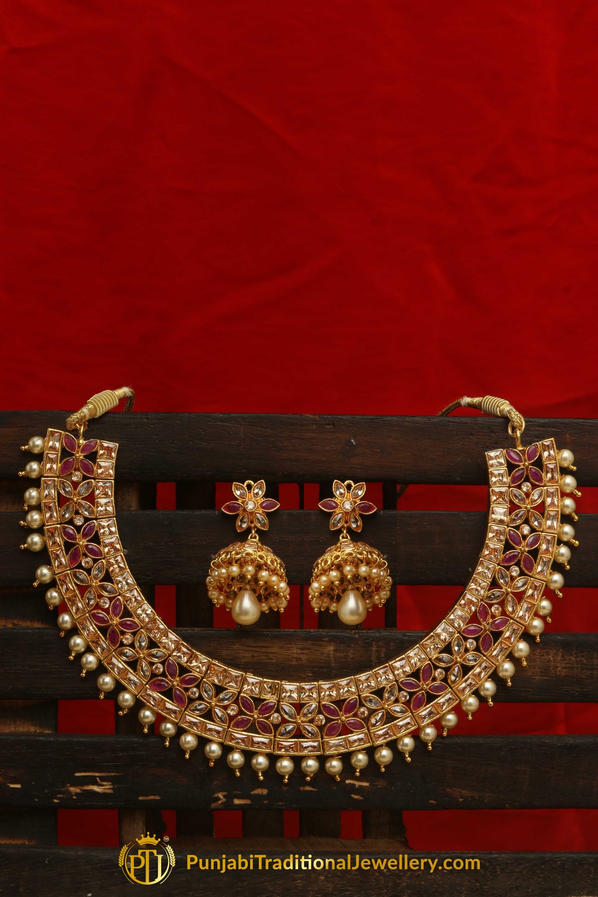 Red Champagne Stone Pearl Necklace Set By Punjabi Traditional Jewellery