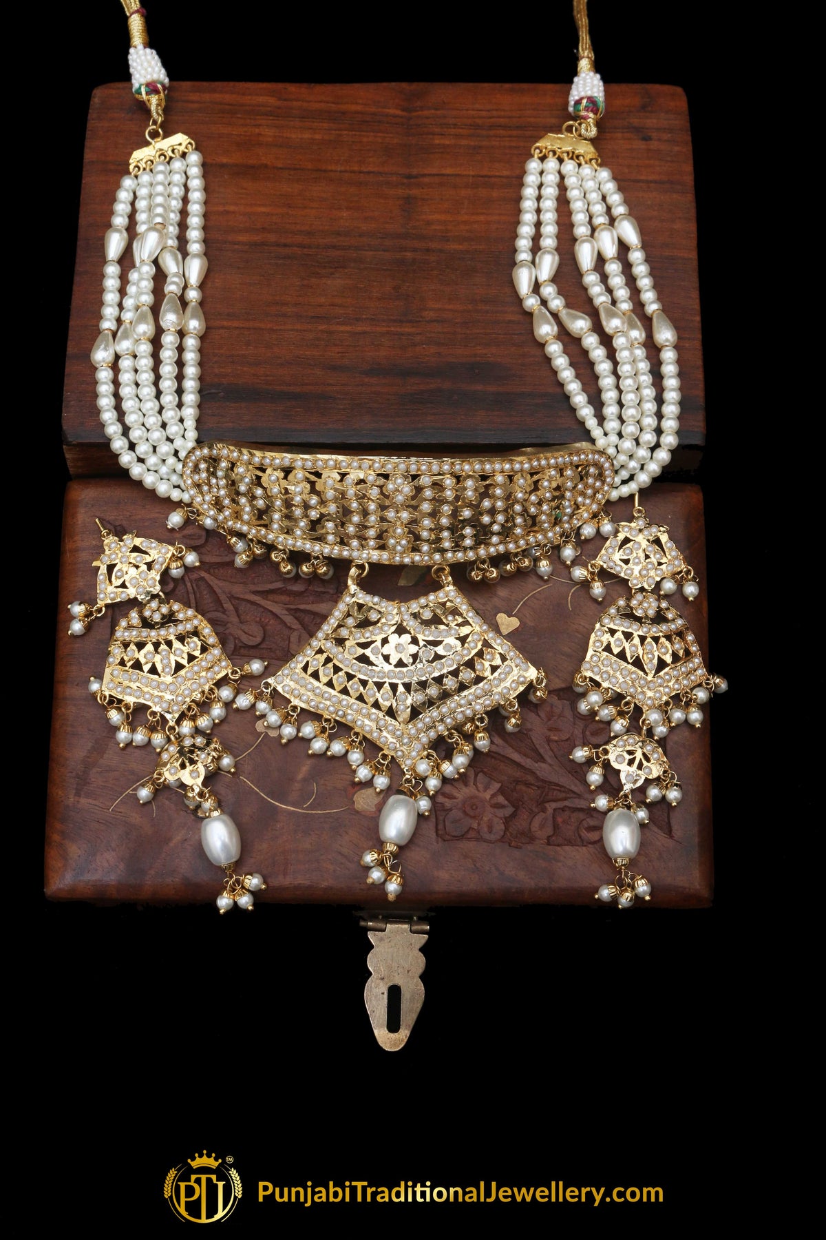 Jadau White Pearl  Mala Necklace Set By Punjabi Traditional Jewellery