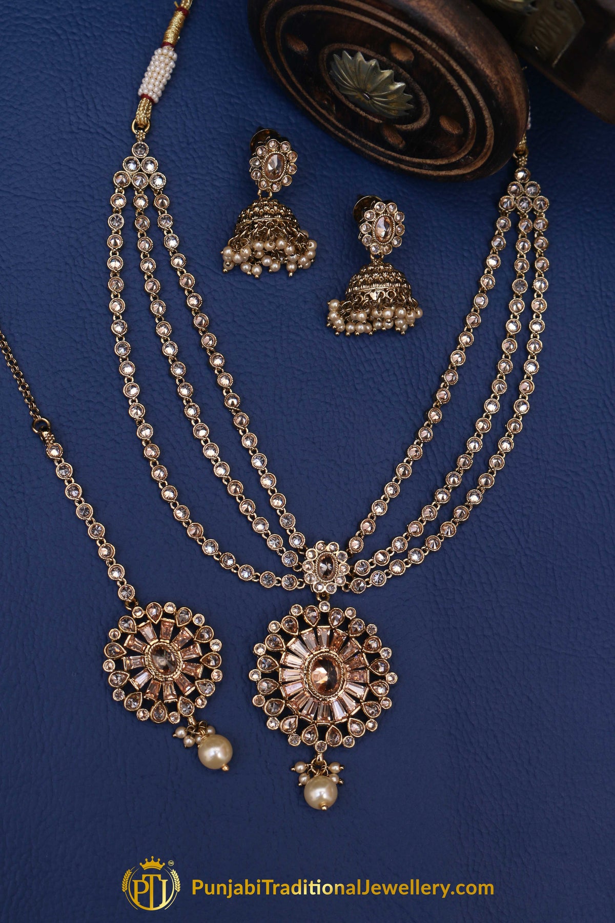 Golden Champagne Stone Necklace Set By Punjabi Traditional Jewellery