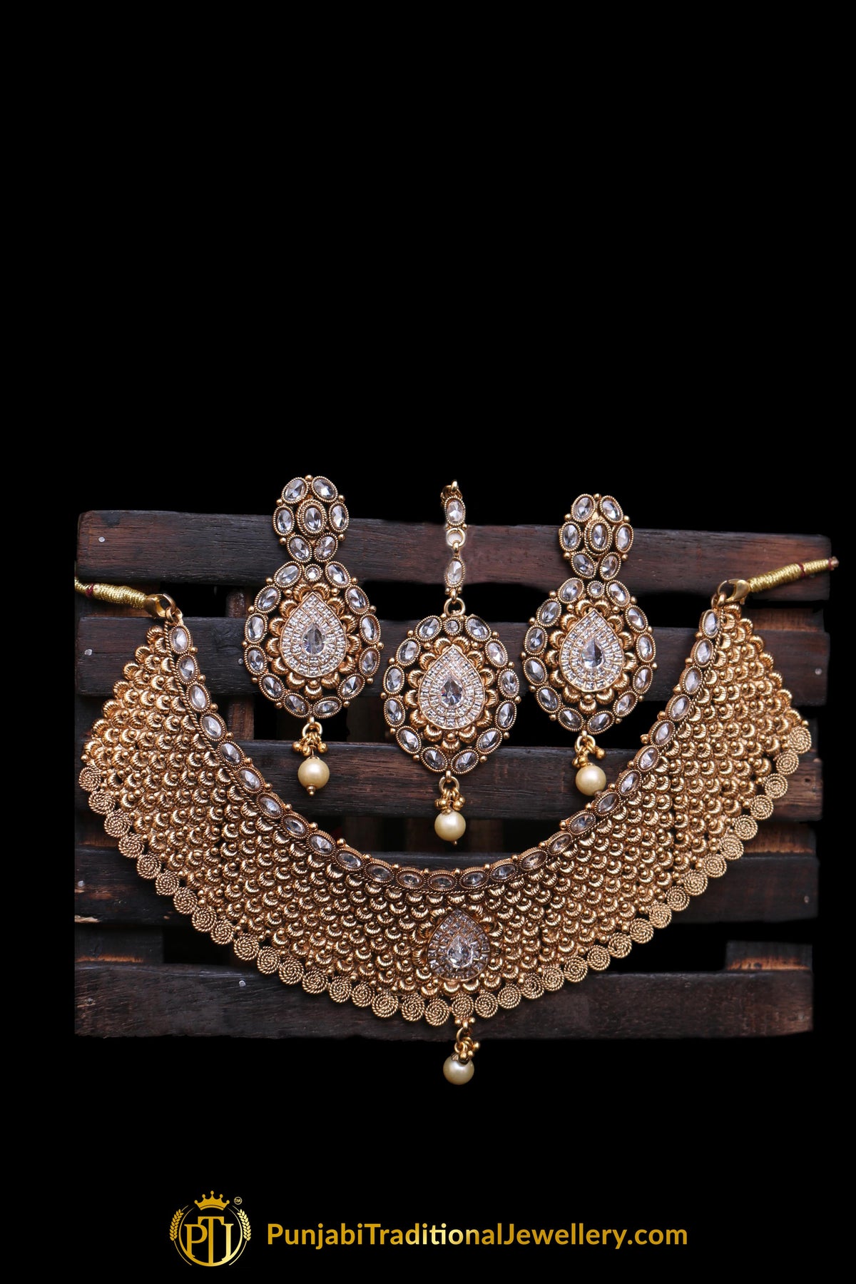 Choker Antique Gold Pearl Choker Necklace Set By Punjabi Traditional Jewellery
