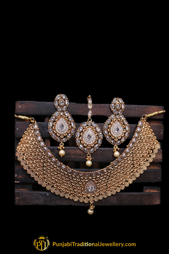 Choker Antique Gold Pearl Choker Necklace Set By Punjabi Traditional Jewellery
