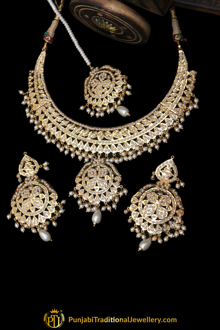 White Jadau Pearl Necklace Set By Punjabi Taditional Jewellery