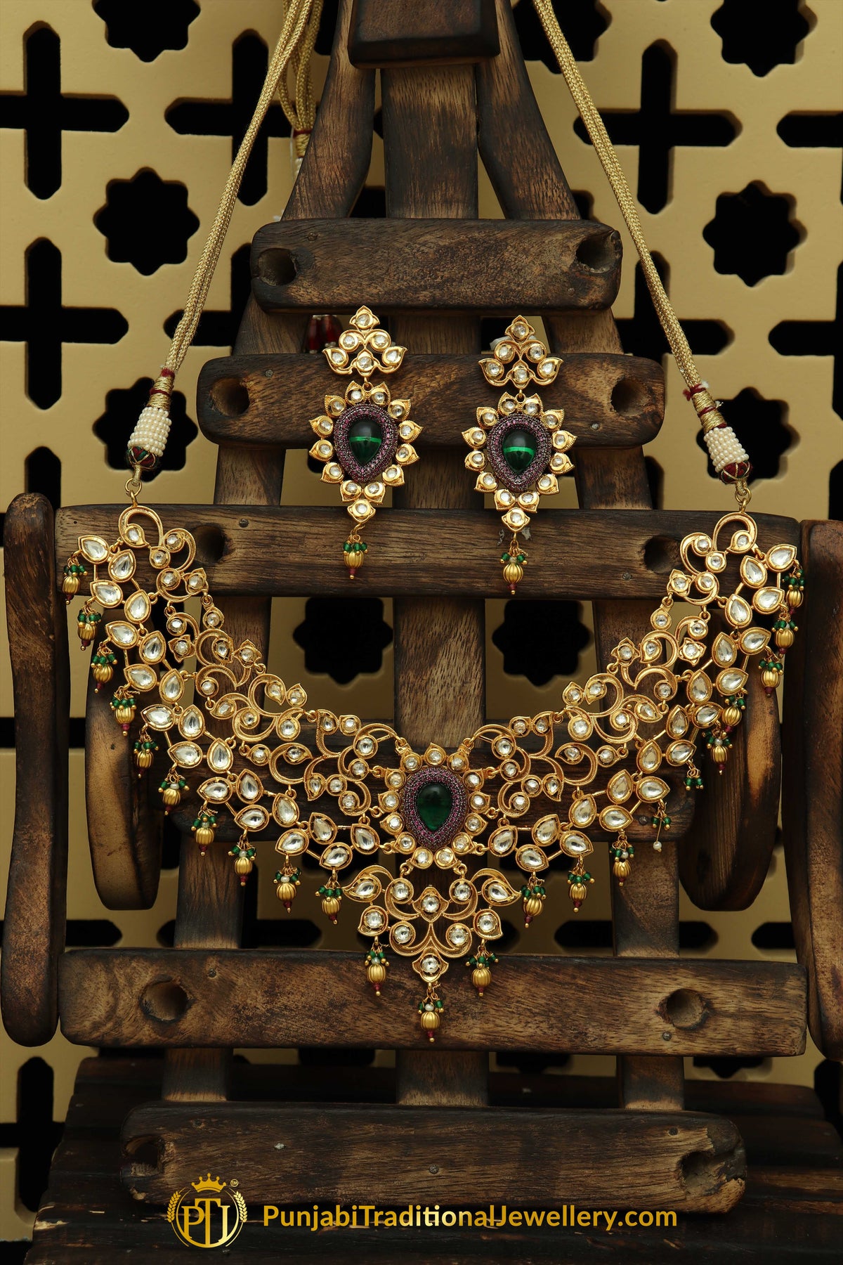 Matt Gold Green Kundan Necklace Set By Punjabi Taditional Jewellery