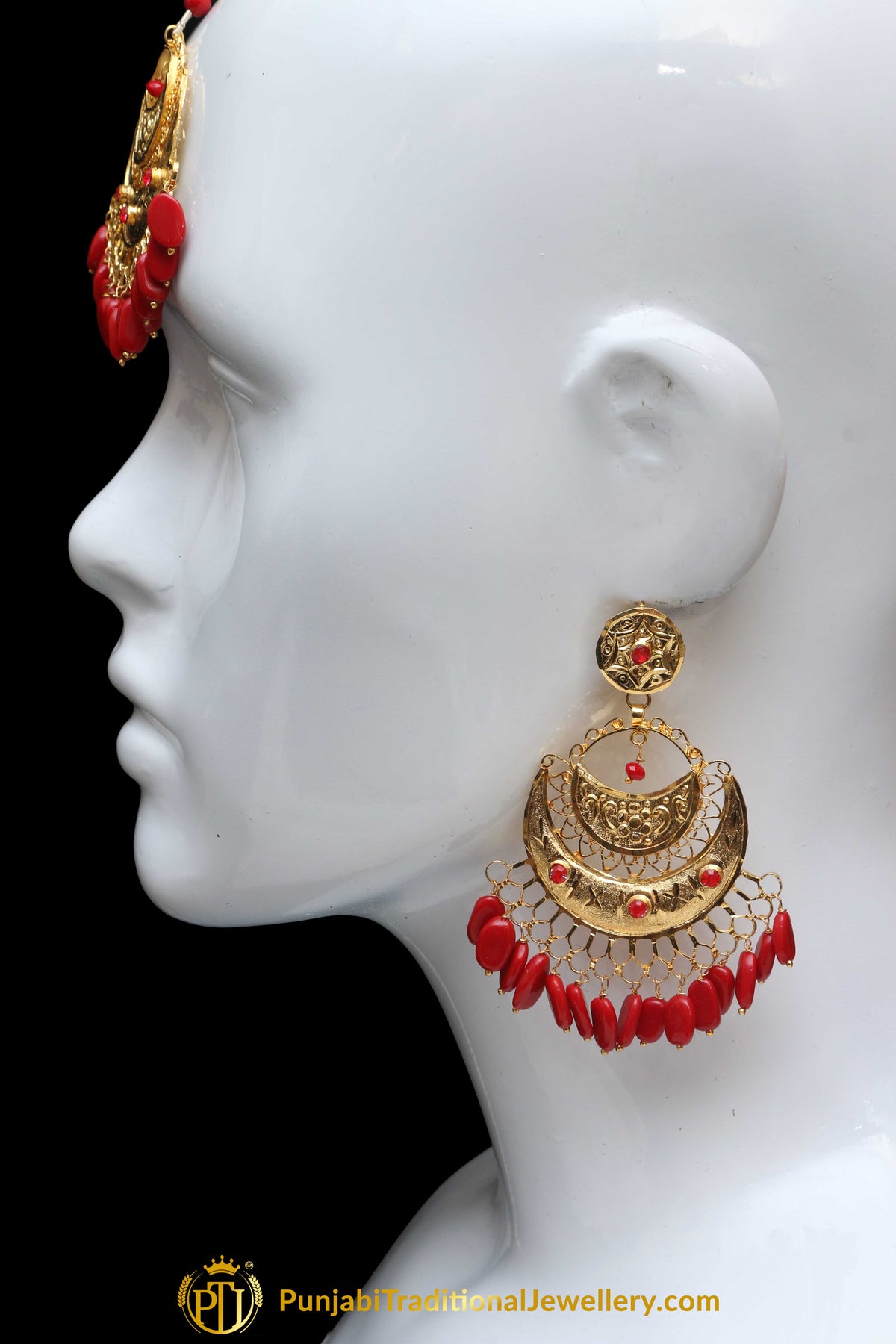 Red Earring Tikka Set By Punjabi Traditional Jewellery