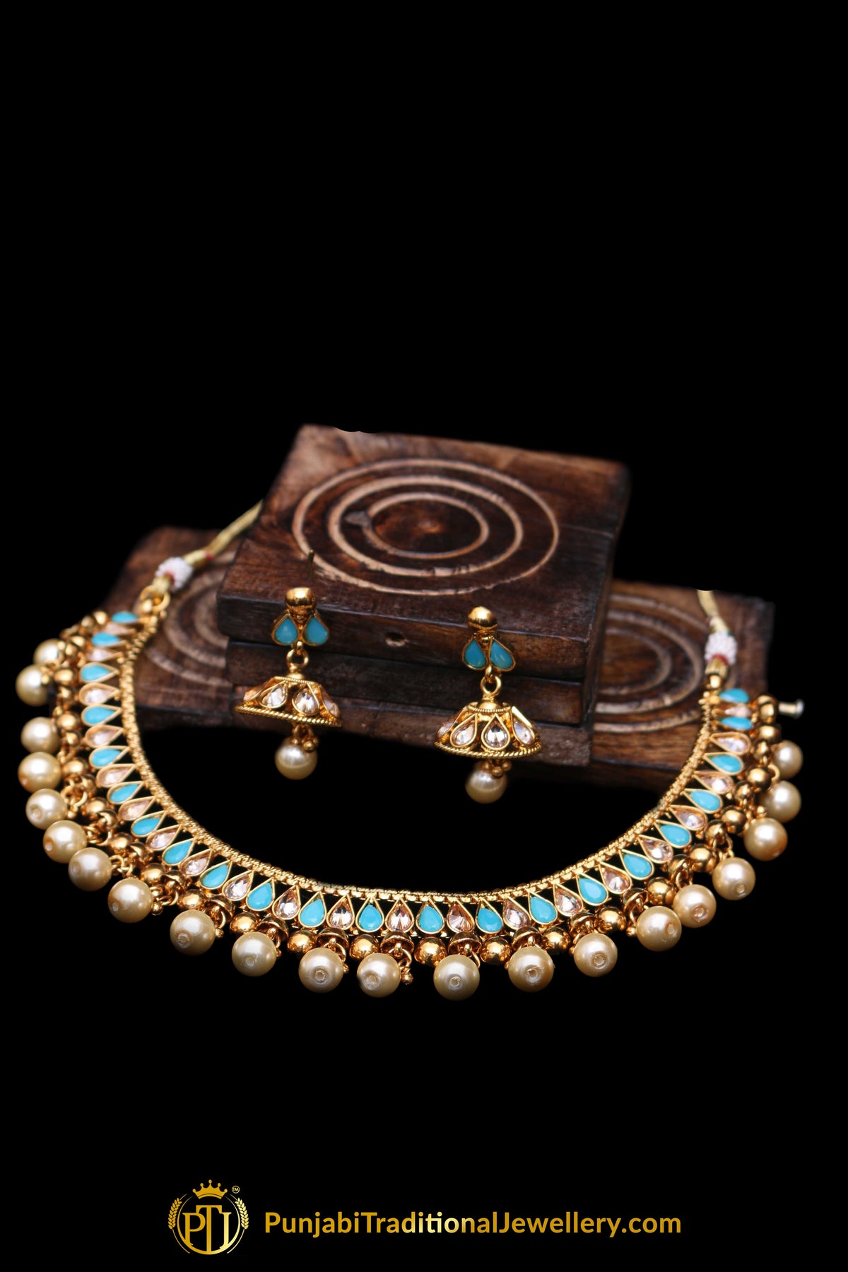 Firozi Polki Pearl Necklace Set By Punjabi Traditional Jewellery