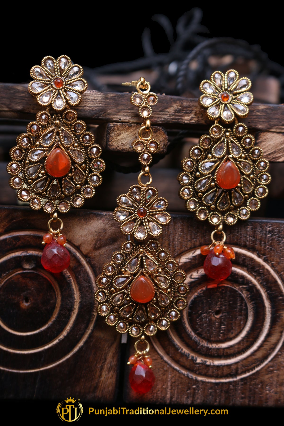 Champagne Stone Orange Earring Tikka Set By Punjabi Traditional Jewellery