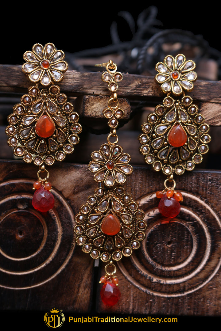 Champagne Stone Orange Earring Tikka Set By Punjabi Traditional Jewellery