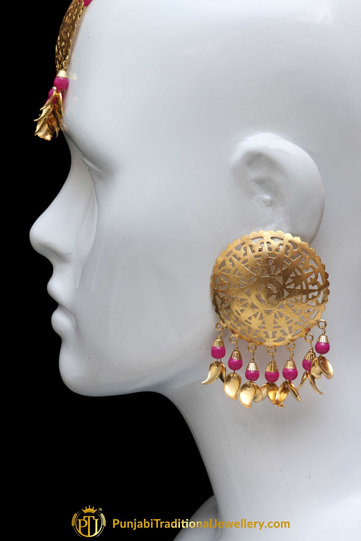 Pink Pippal Patti Sutd Earrings & Tikka Set By Punjabi Traditional Jewellery
