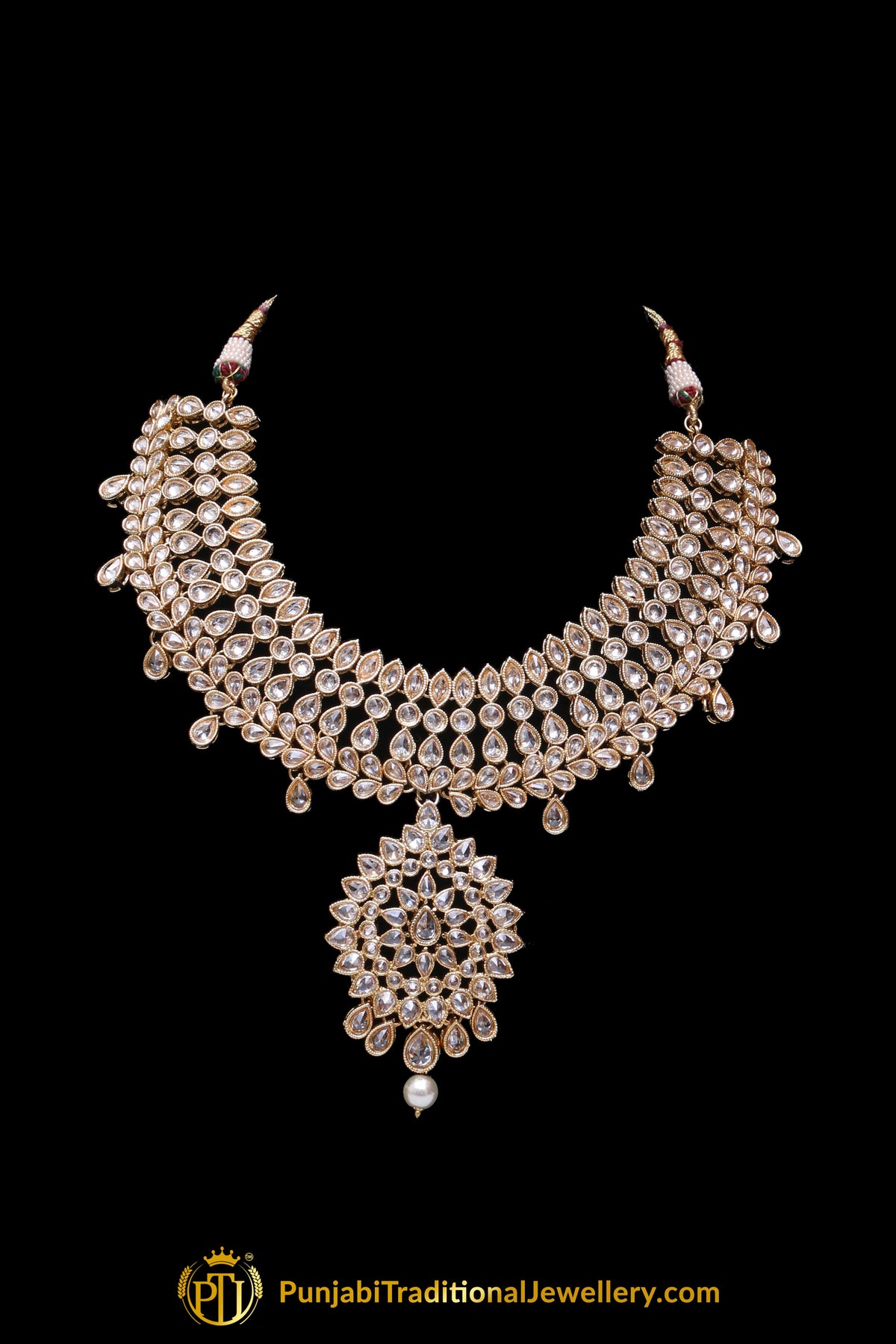 Golden Champagne Stone Pearl Necklace Set By Punjabi Traditional Jewellery