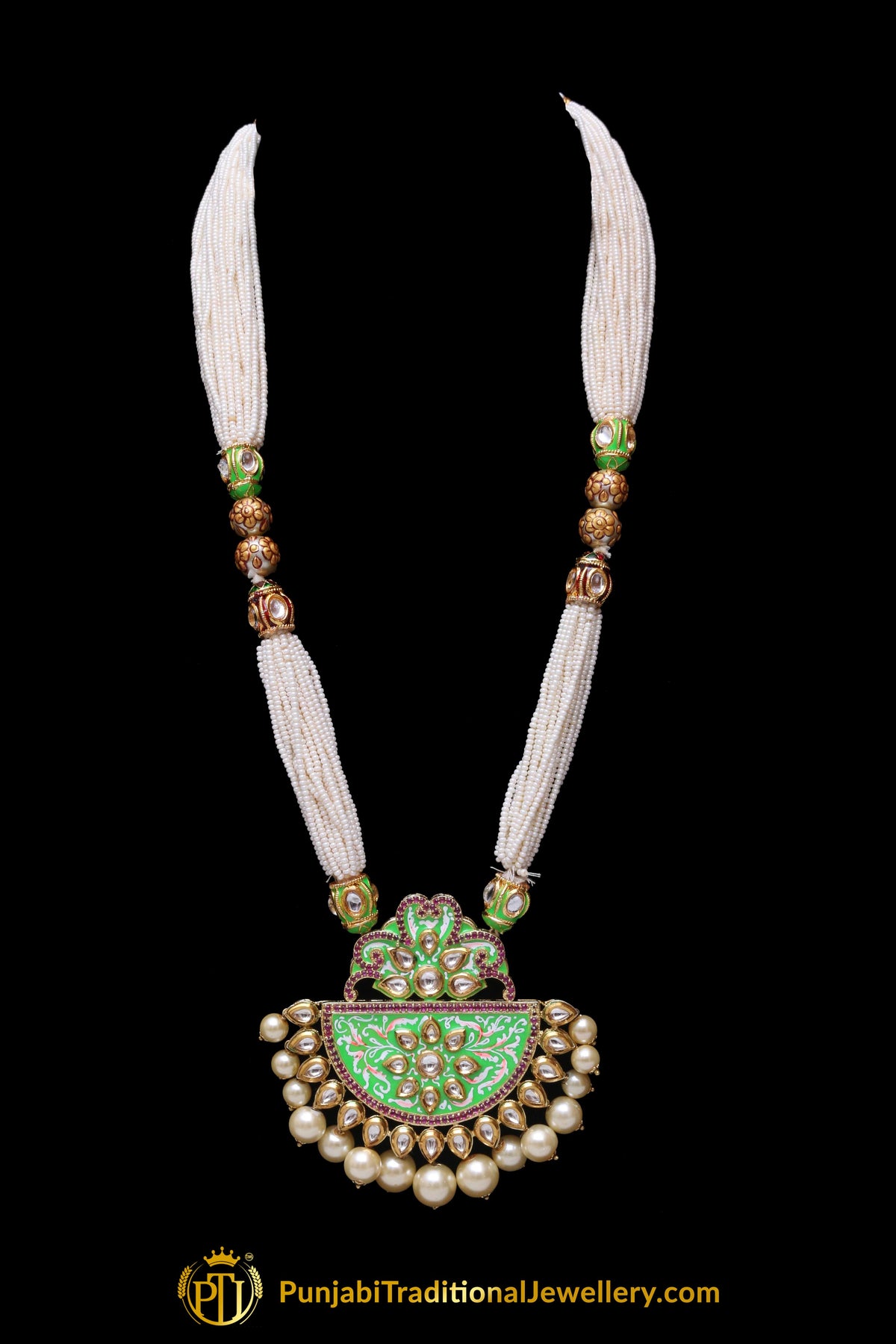 Green Kundan Mala Meena Necklace Set By Punjabi Traditional Jewellery