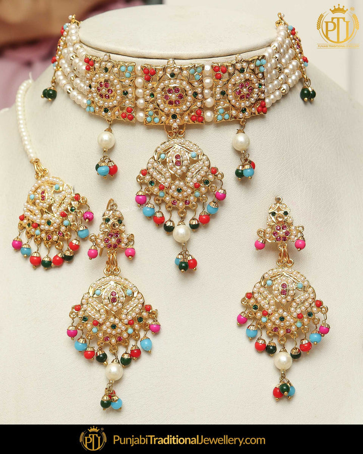 Gold Finished Navratan Jadau Pearl Necklace Set  | Punjabi Traditional Jewellery Exclusive