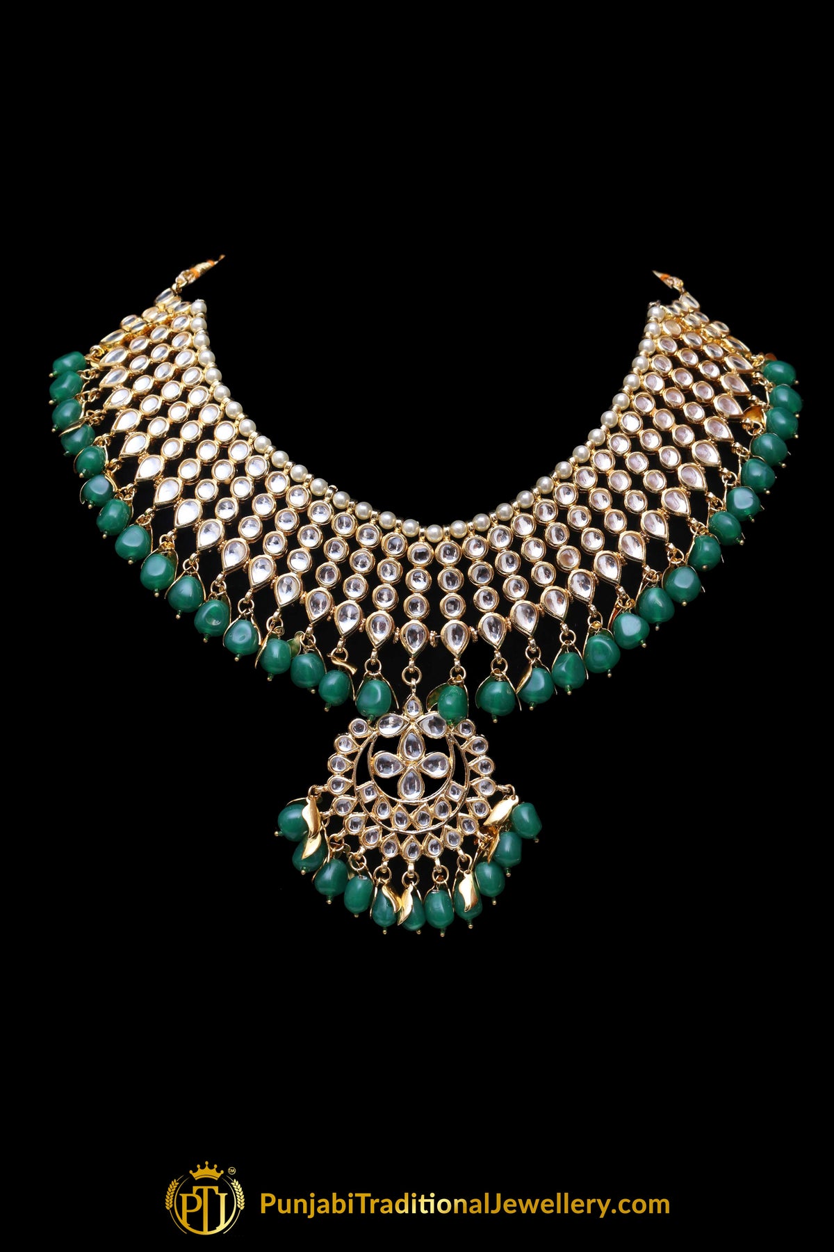 Green Pearl Kundan Necklace Set Punjabi Traditional Jewellery