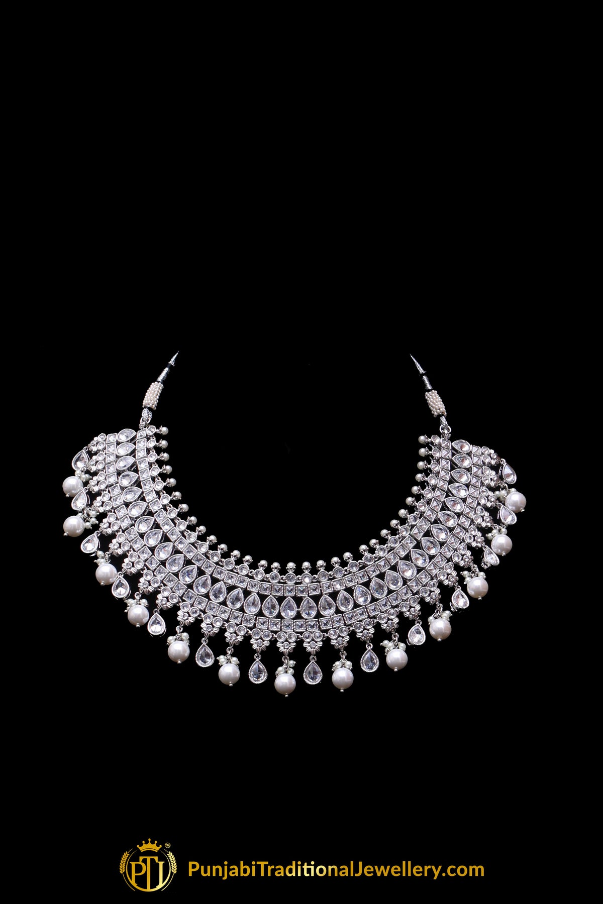 Silver Polki Pearl Necklace Set By Punjabi Traditional Jewellery