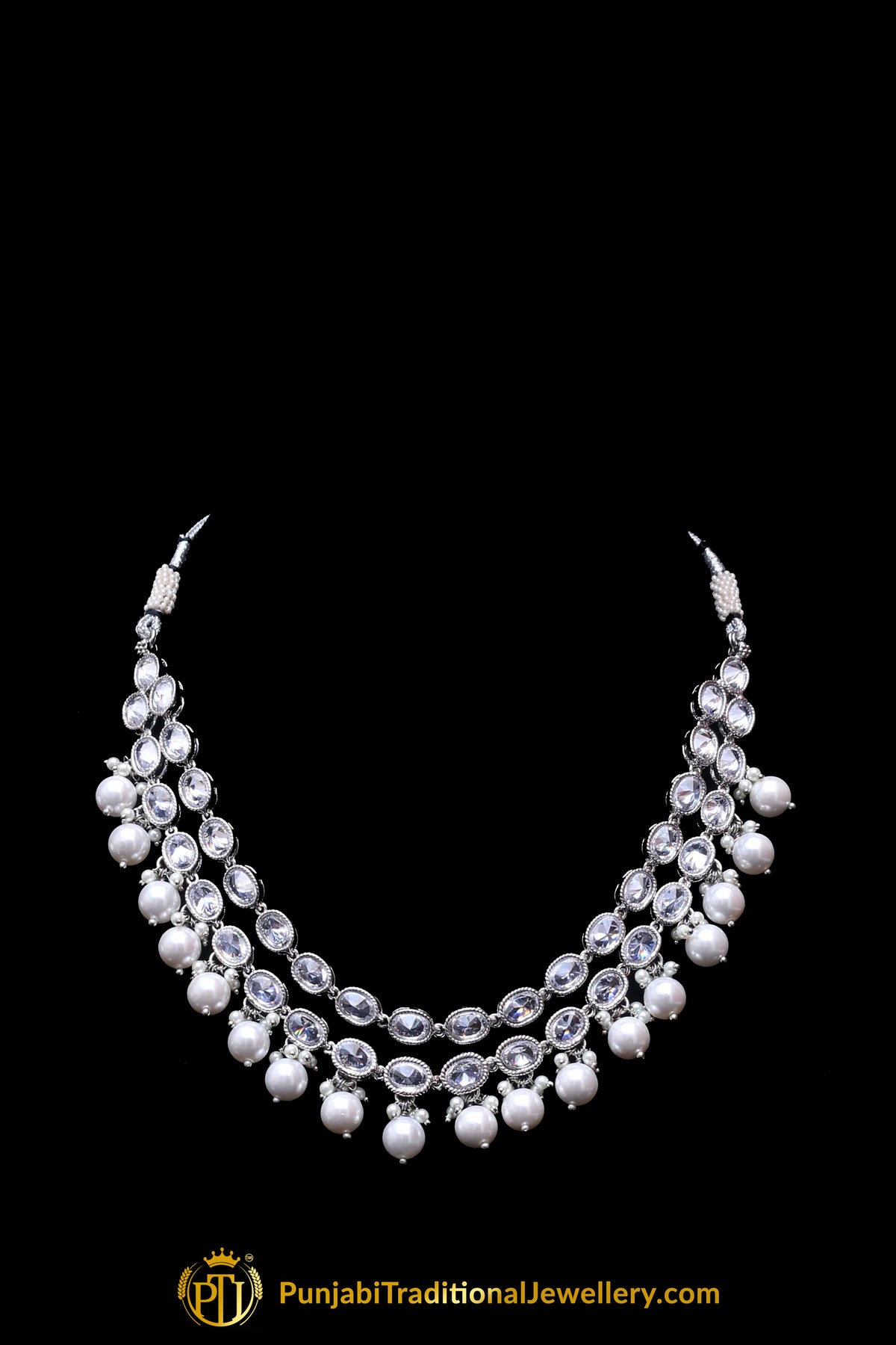 Silver Polki Pearl Necklace Set By Punjabi Traditional Jewellery