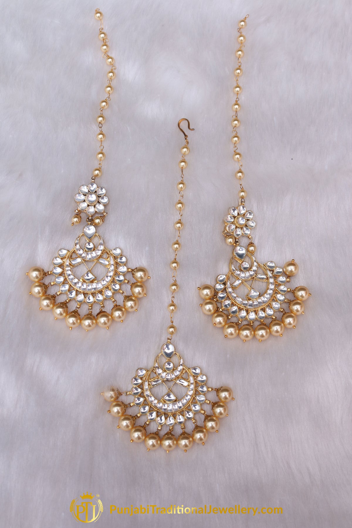 Golden Kundan Pearl Earring Tikka Set By Punjabi Traditional Jewellery