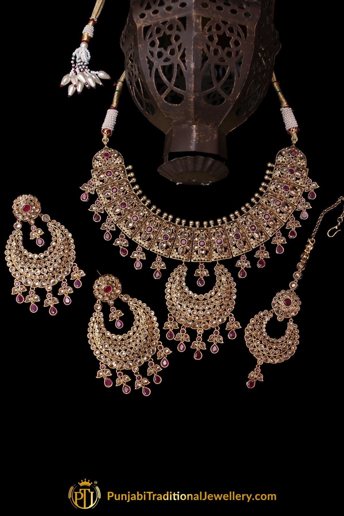 Red Pearl Champagne Stone Necklace Set By Punjabi Traditional Jewellery