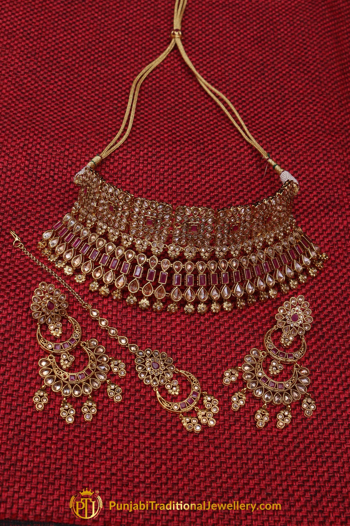 Red Champagne Stone Necklace Set By Punjabi Traditional Jewellery