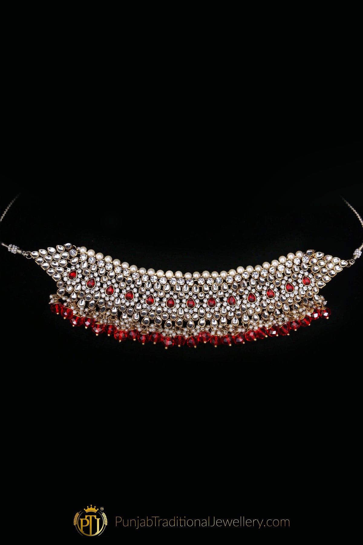 Red White Pearl Kundan Choker Necklace Set By Punjabi Traditional Jewellery