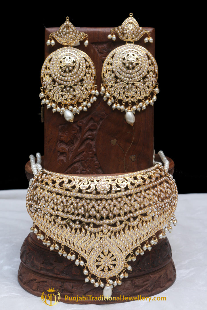 Jadau Golden Pearl Necklace Set By Punjabi Traditional Jewellery