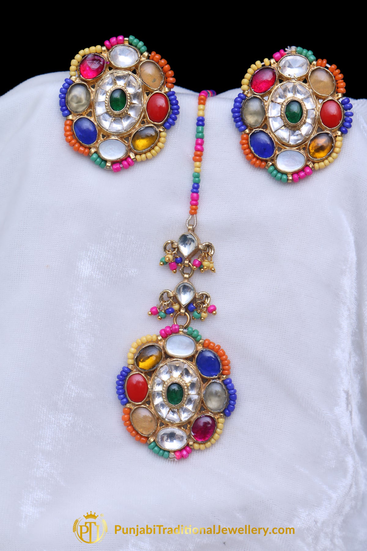 Multi Polki Stud Earrings & Tikka Set By Punjabi Traditional Jewellery