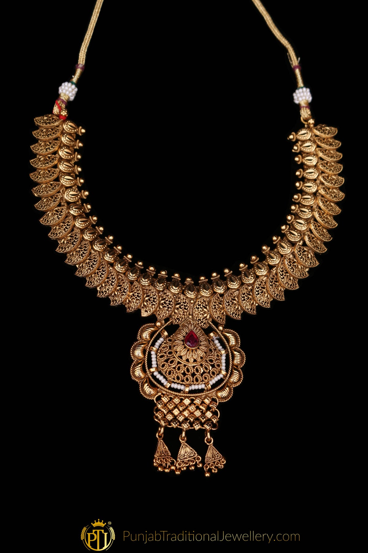 Red Antique Gold Necklace Set By Punjabi Traditional Jewellery