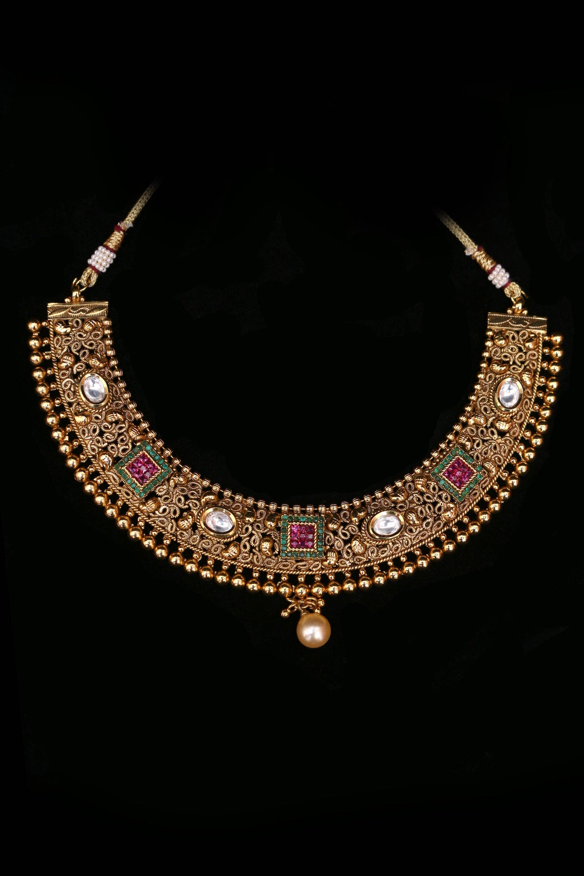 Ruhaniyat Maroon & Green Antique Gold Polki Necklace Set By Punjabi Traditional Jewellery
