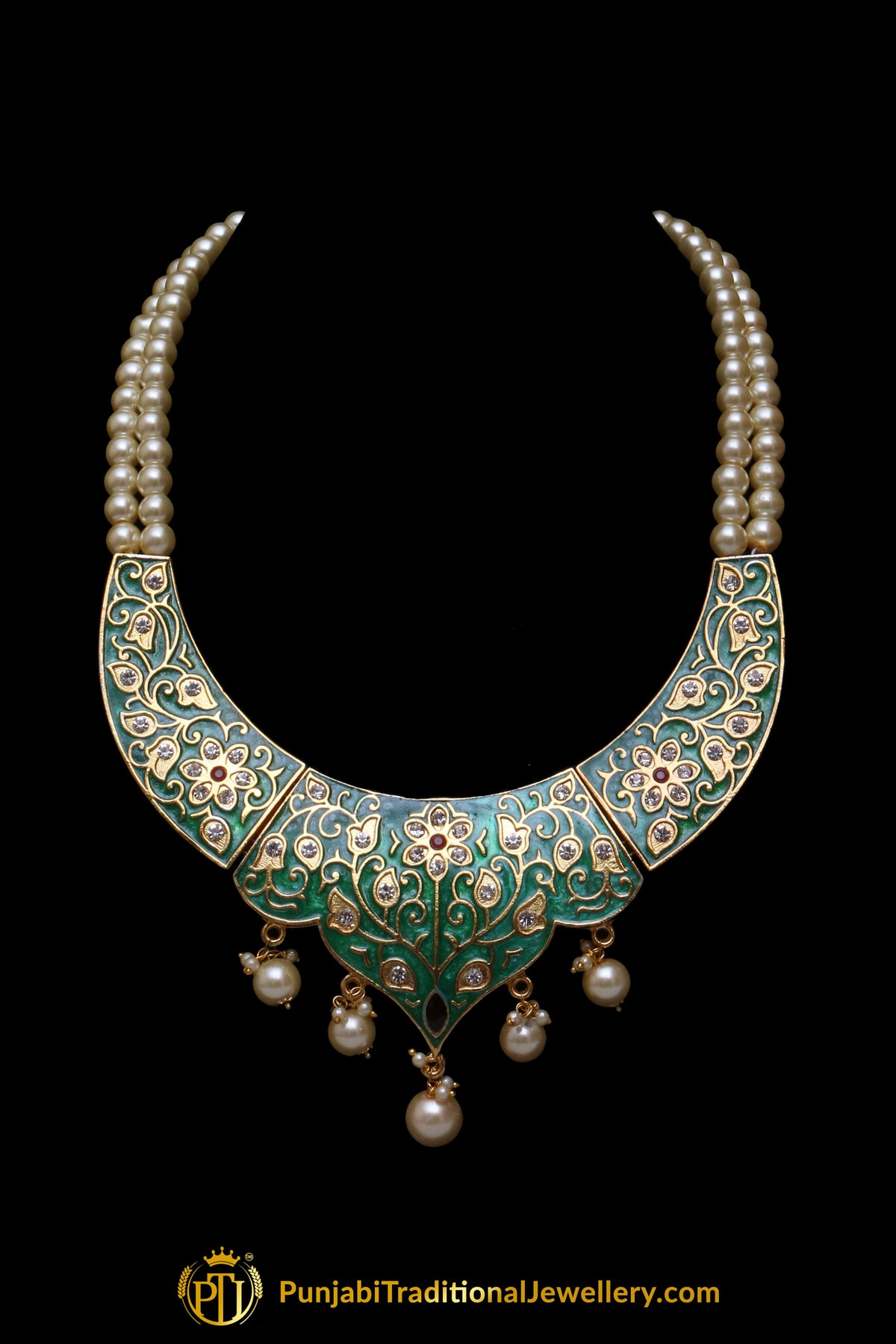 Green Kundan Pearl Necklace Set By Punjabi Traditional Jewellery