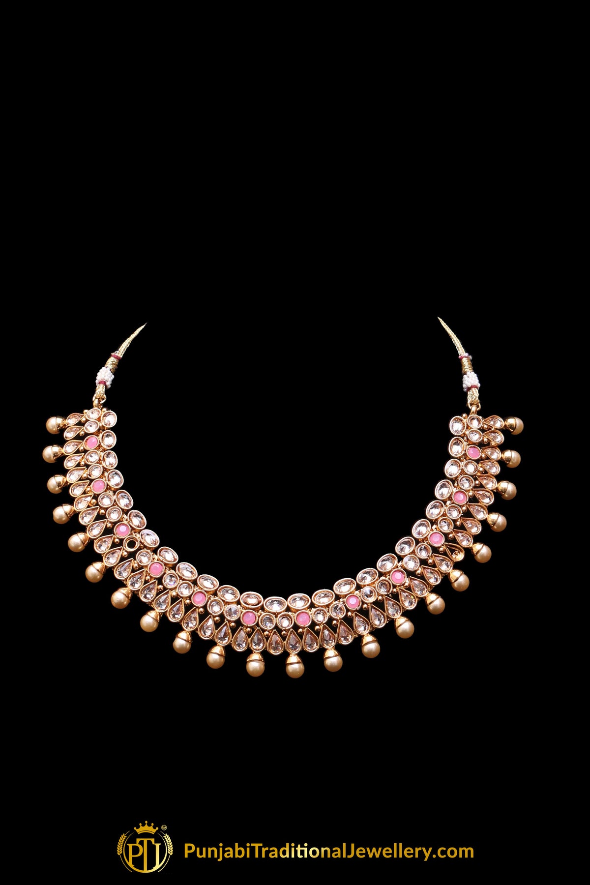 Pink Pearl Polki Antique Gold Necklace Set By Punjabi Taditional Jewellery