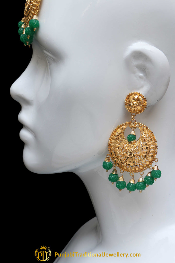 Antique Gold Green  Earring Tikka Set By Punjabi Traditional Jewellery