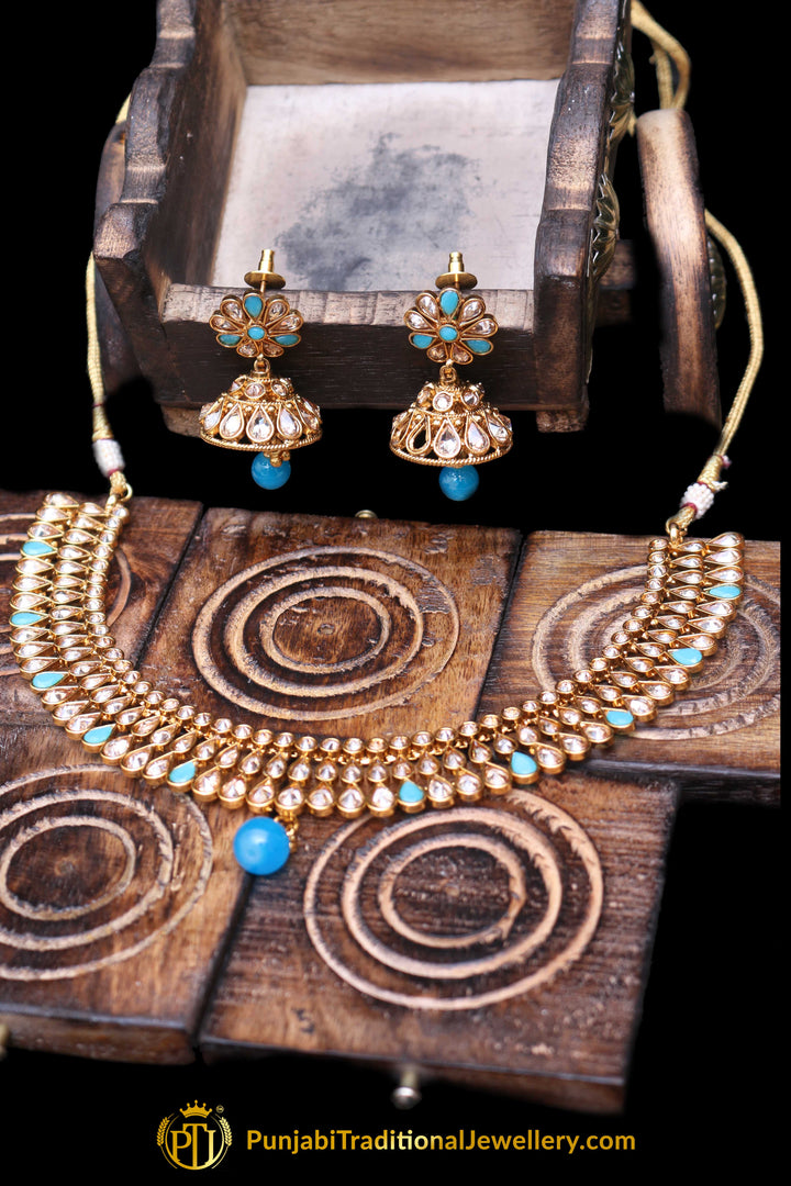 Firozi Polki Necklace Set By Punjabi Traditional Jewellery
