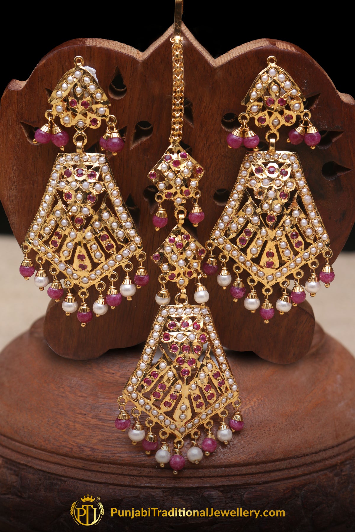 Multi Jadau Pearl Earring Tikka Set By Punjabi Traditional Jewellery