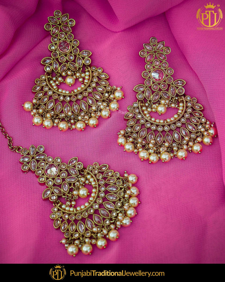Gold Finished Champange Stone Earring Tikka Set | Punjabi Traditional Jewellery Exclusive