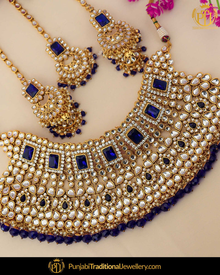 Gold Finished Blue Kundan Pearl Choker Necklace Set | Punjabi Traditional Jewellery Exclusive