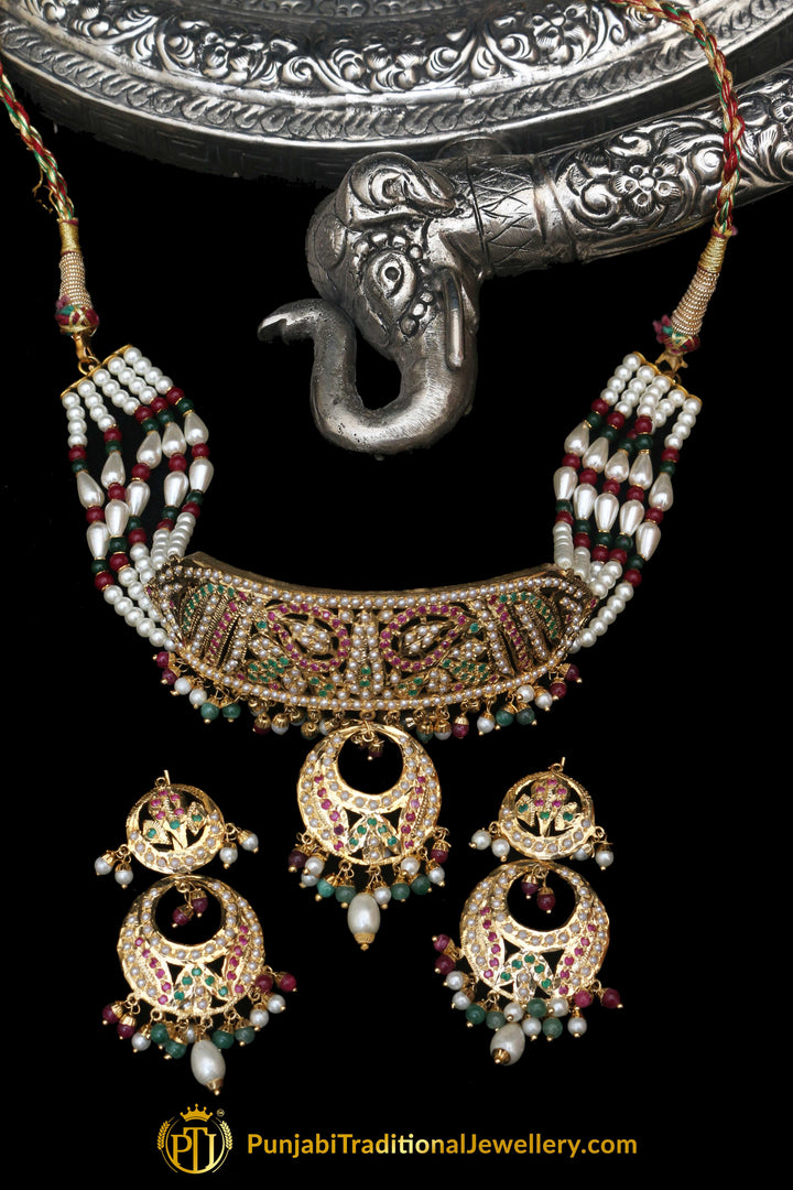 Jadau Multi Pearl Choker Necklace Set By Punjabi Traditional Jewellery