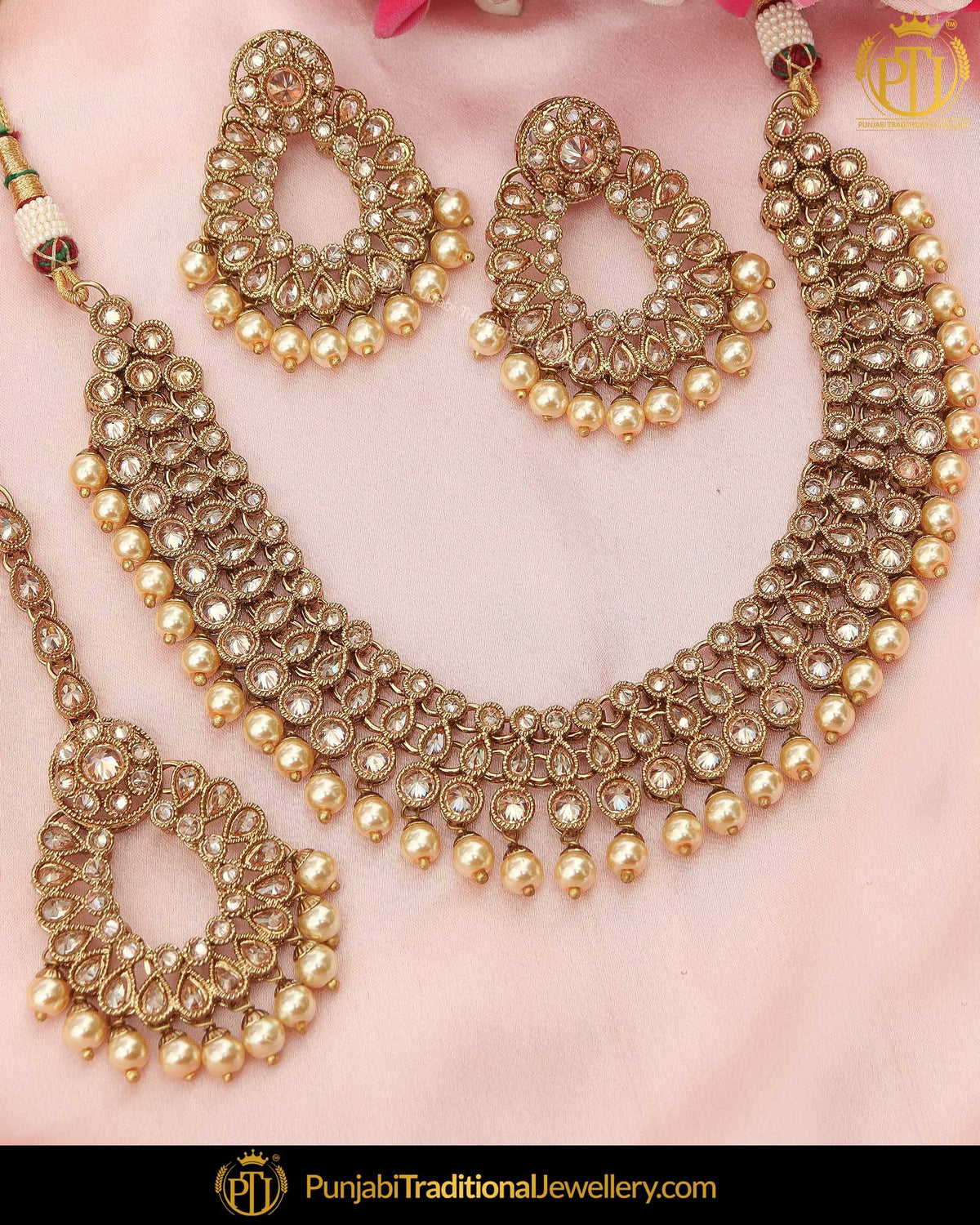 Gold Finished Champagne Stone Pearl Necklace Set | Punjabi Traditional Jewellery Exclusive