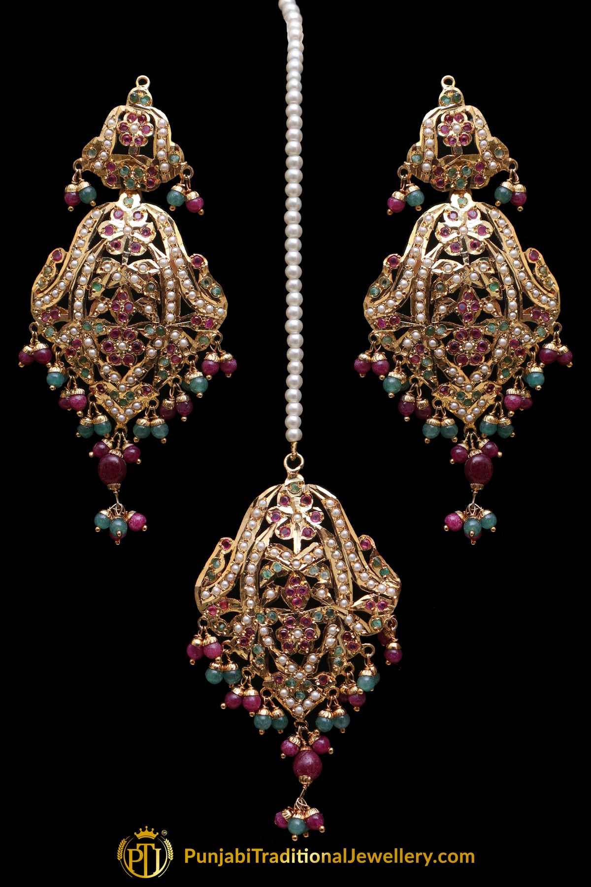 Multi Jadau Pearl Earring Tikka Set By Punjabi Traditional Jewellery