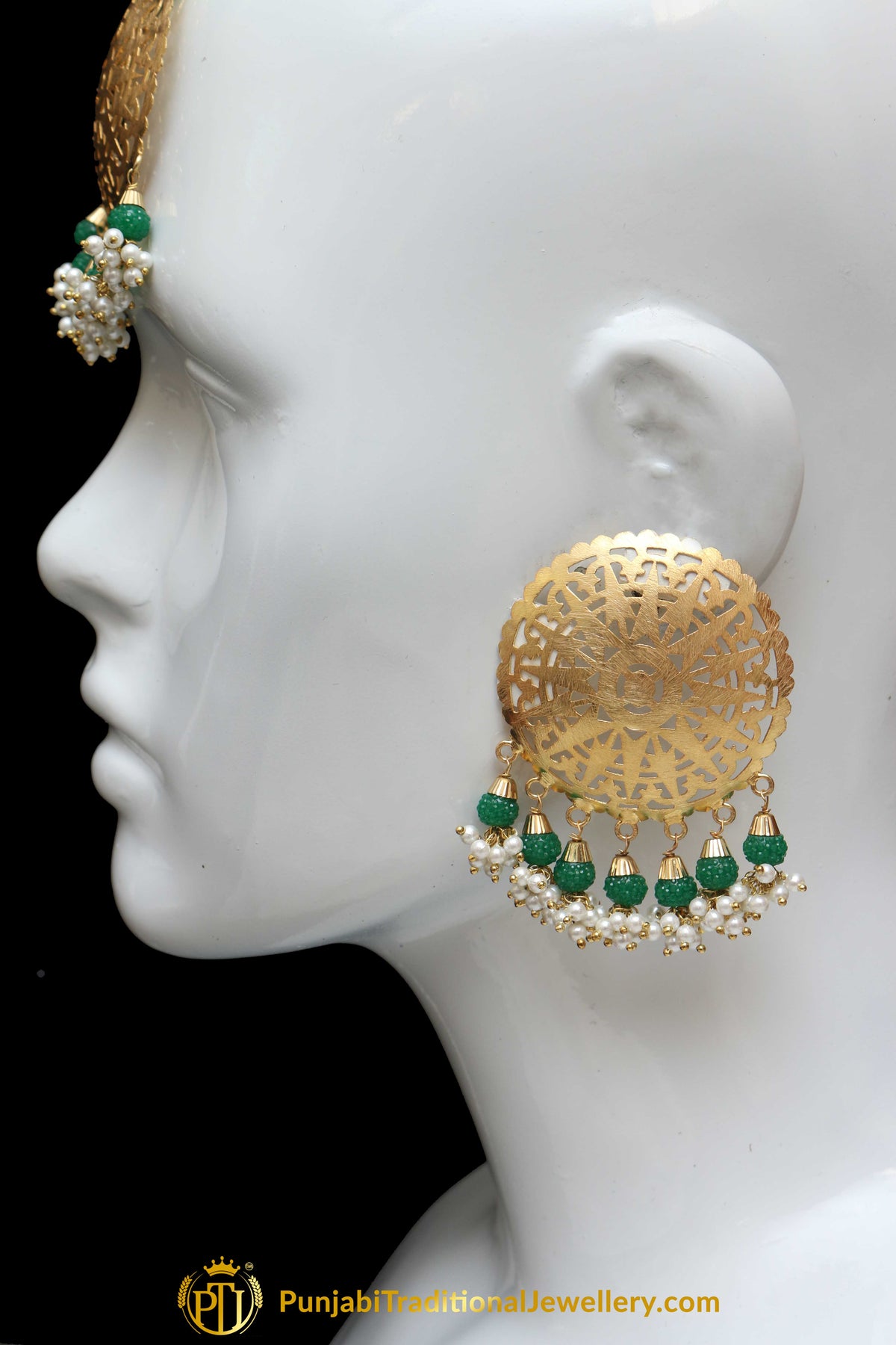 Emerald Stud Earrings & Tikka Set By Punjabi Traditional Jewellery