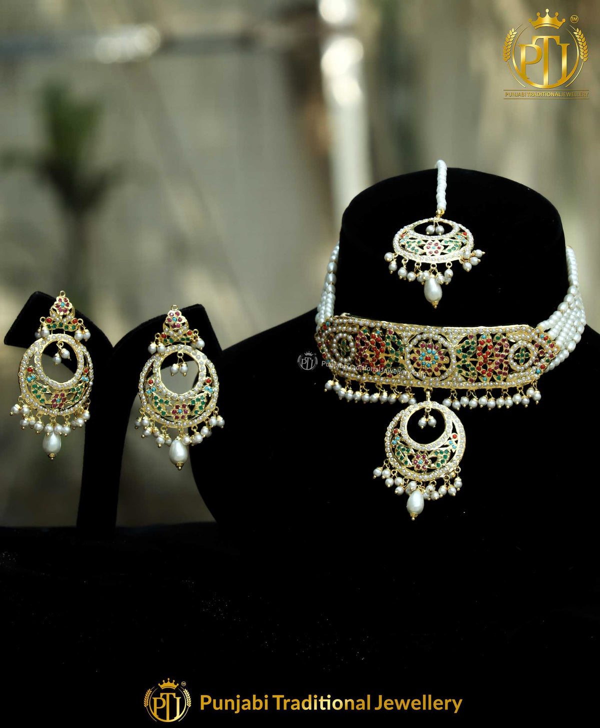 Navratan Choker Jadau Pearl Necklace Set | Punjabi Traditional Jewellery Exclusive