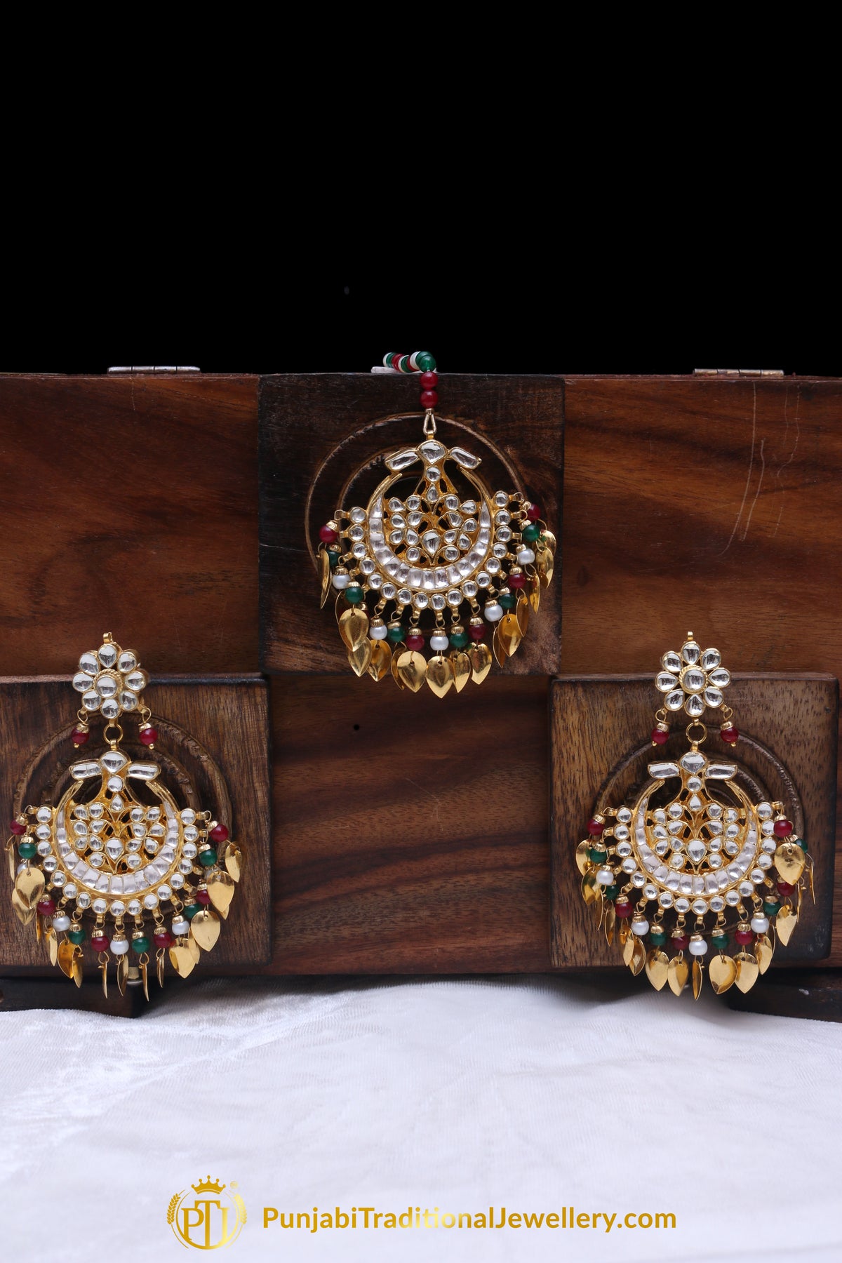 Aamsya Gold Plated Red Green Pippal Patti Kundan Earring Tikka Set By Punjabi Traditional Jewellery