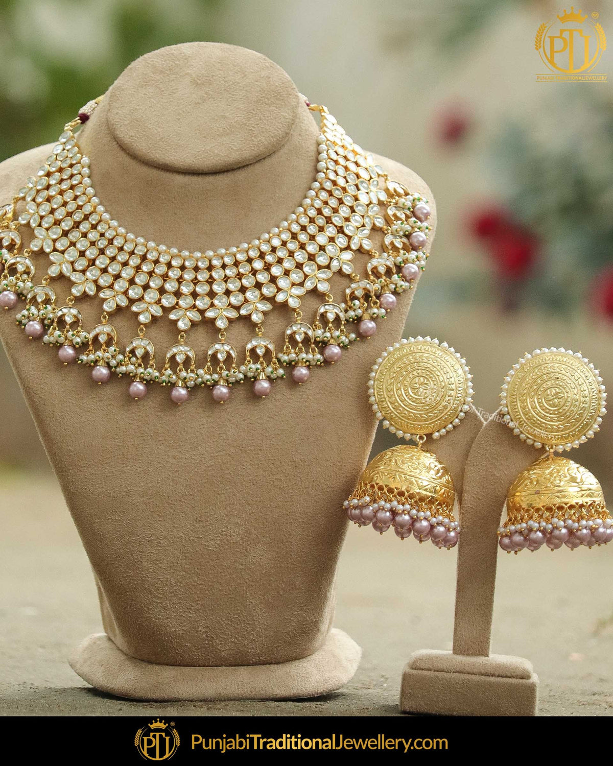 Gold Finished Peach Kundan Pearl Necklace Set | Punjabi Traditional Jewellery Exclusive