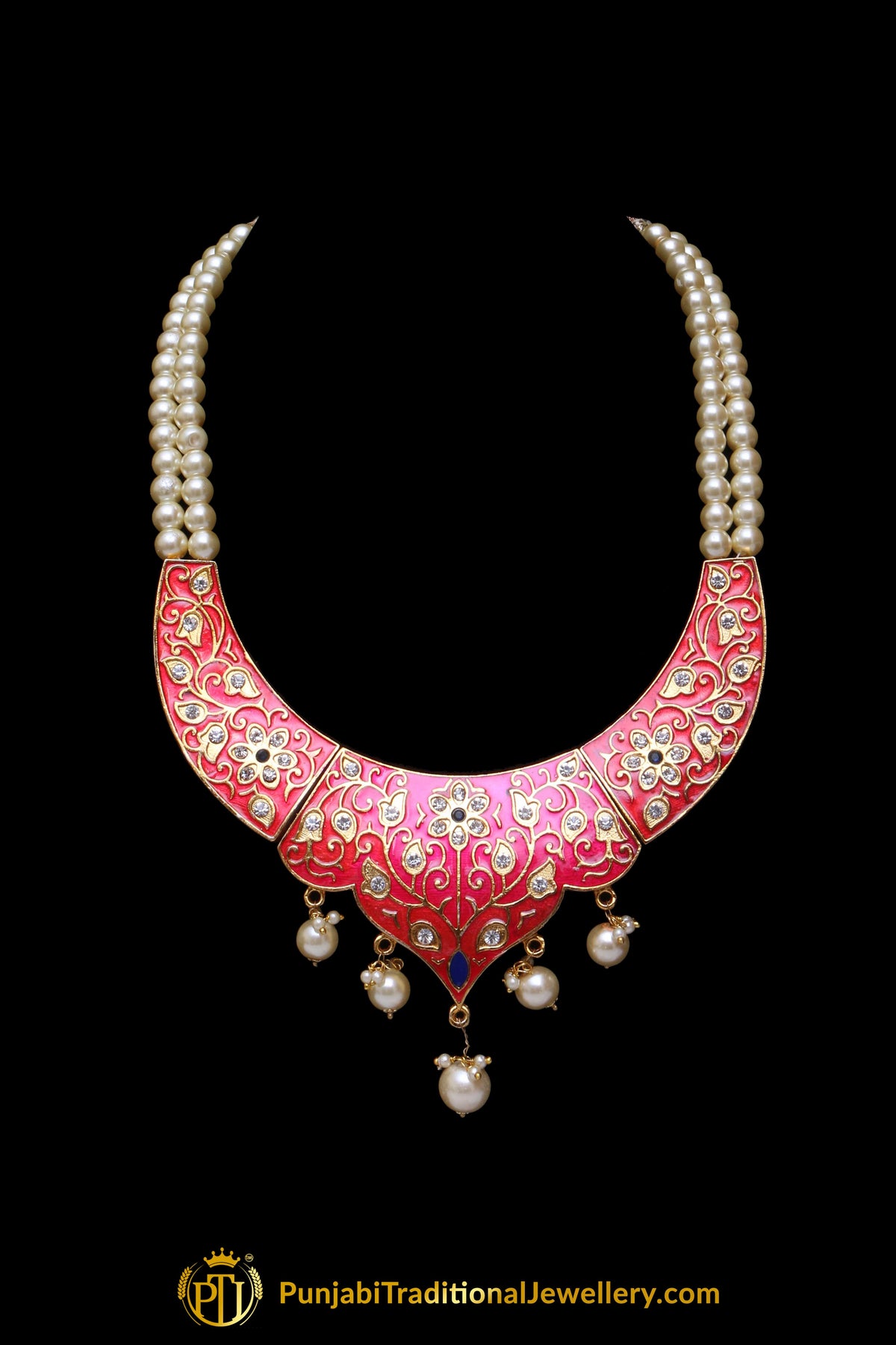 Red Meena Pearl Necklace Set By Punjabi Taditional Jewellery