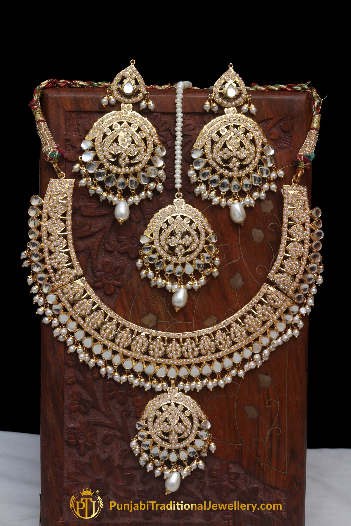 Golden Jadau Pearl Kundan Necklace Set By Punjabi Taditional Jewellery