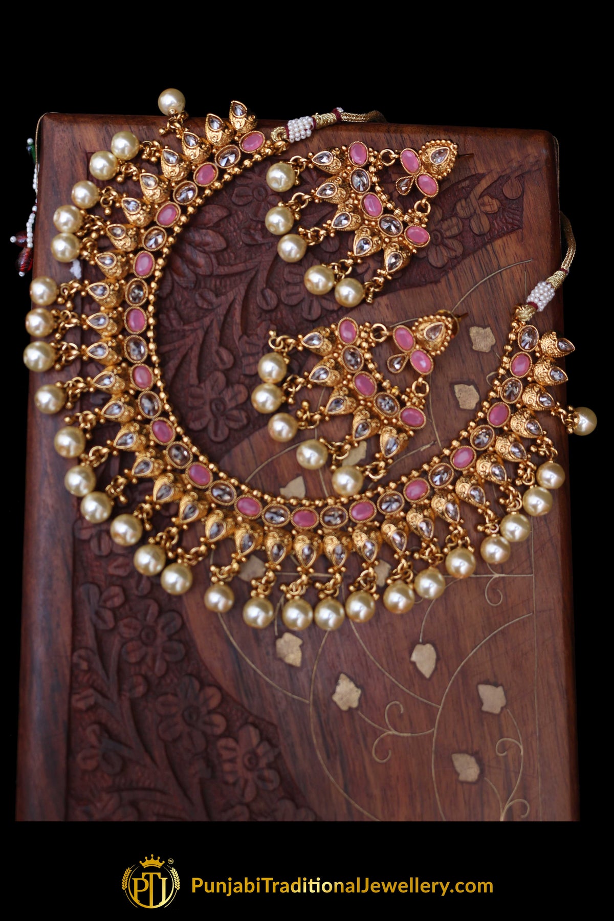 Pink White Pearl Polki Necklace Set By Punjabi Taditional Jewellery