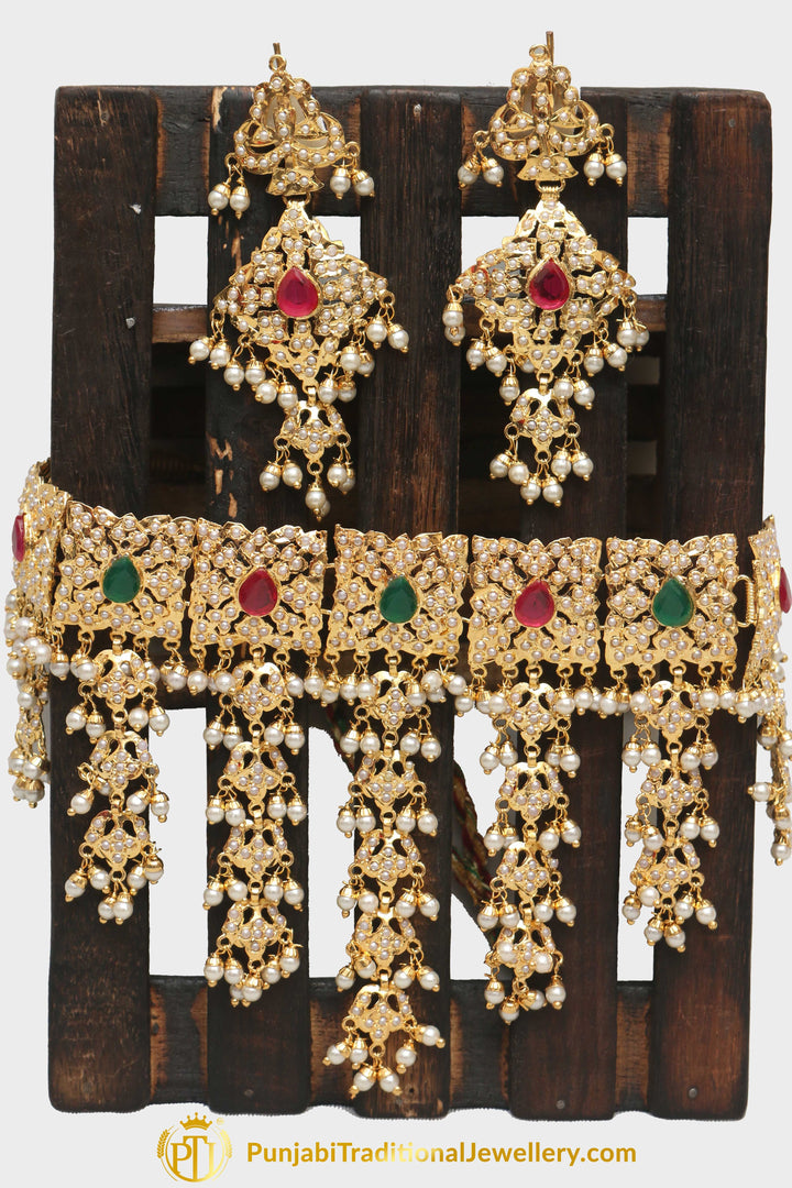 Ruby Emerald Jadau Necklace Set By Punjabi Taditional Jewellery