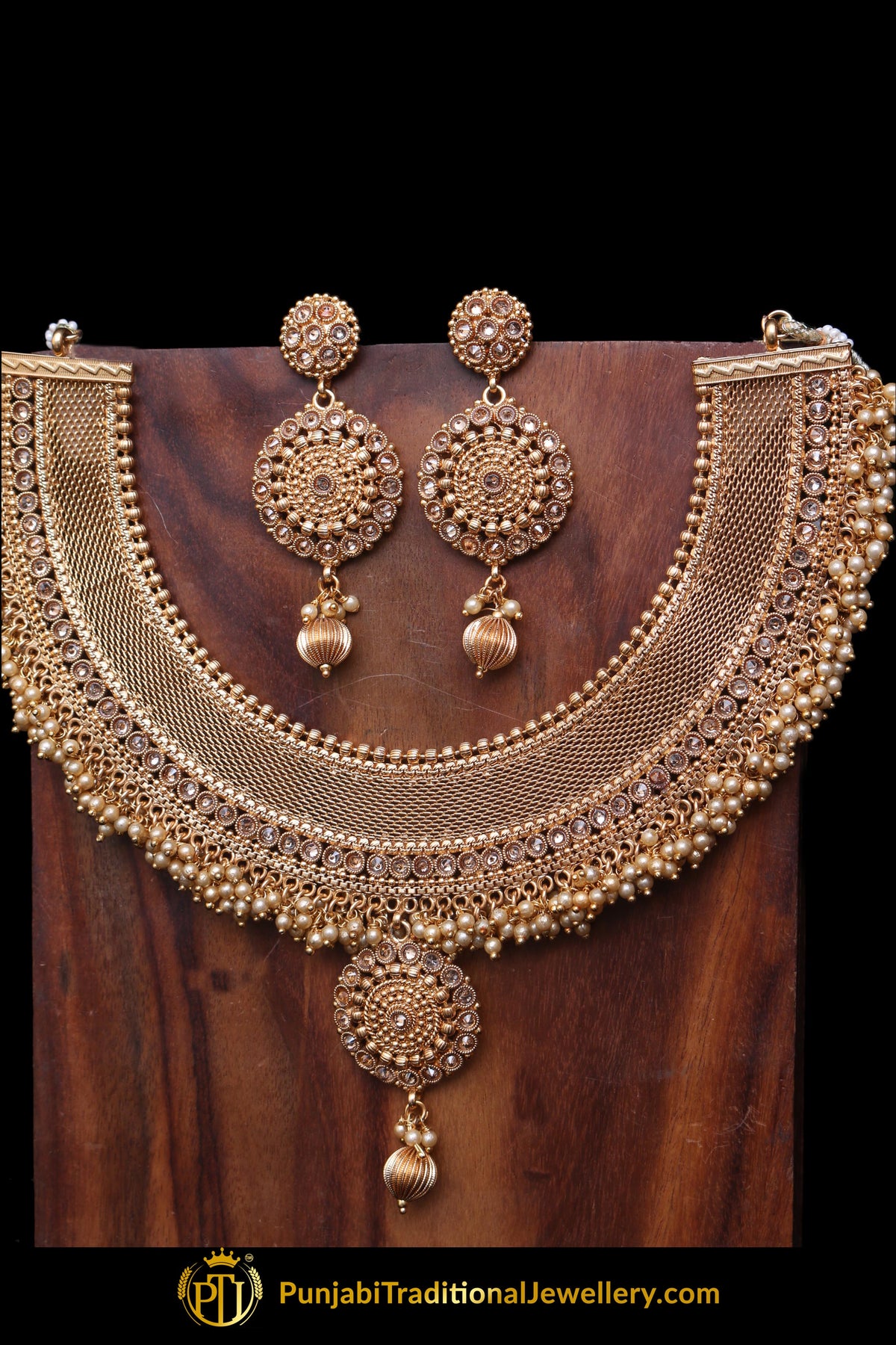 Polki Antique Gold Pearl Necklace Set By Punjabi Traditional Jewellery