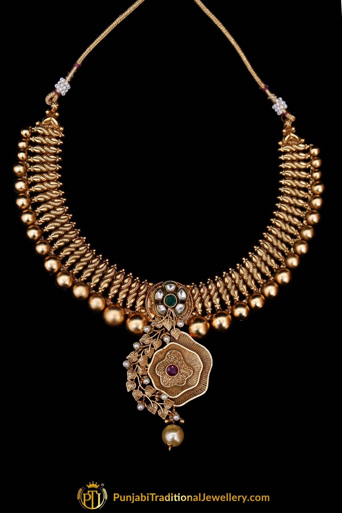 Red Green Antique Gold Necklace Set By Punjabi Traditional Jewellery