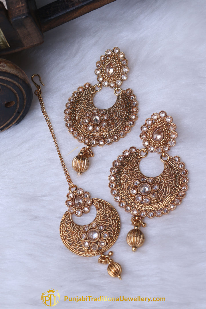 Antique Gold Polki Earring Tikka Set By Punjabi Traditional Jewellery