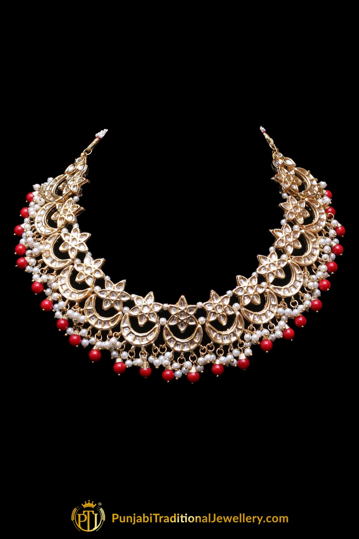 Red Pearl Kundan Necklace Set Punjabi Traditional Jewellery