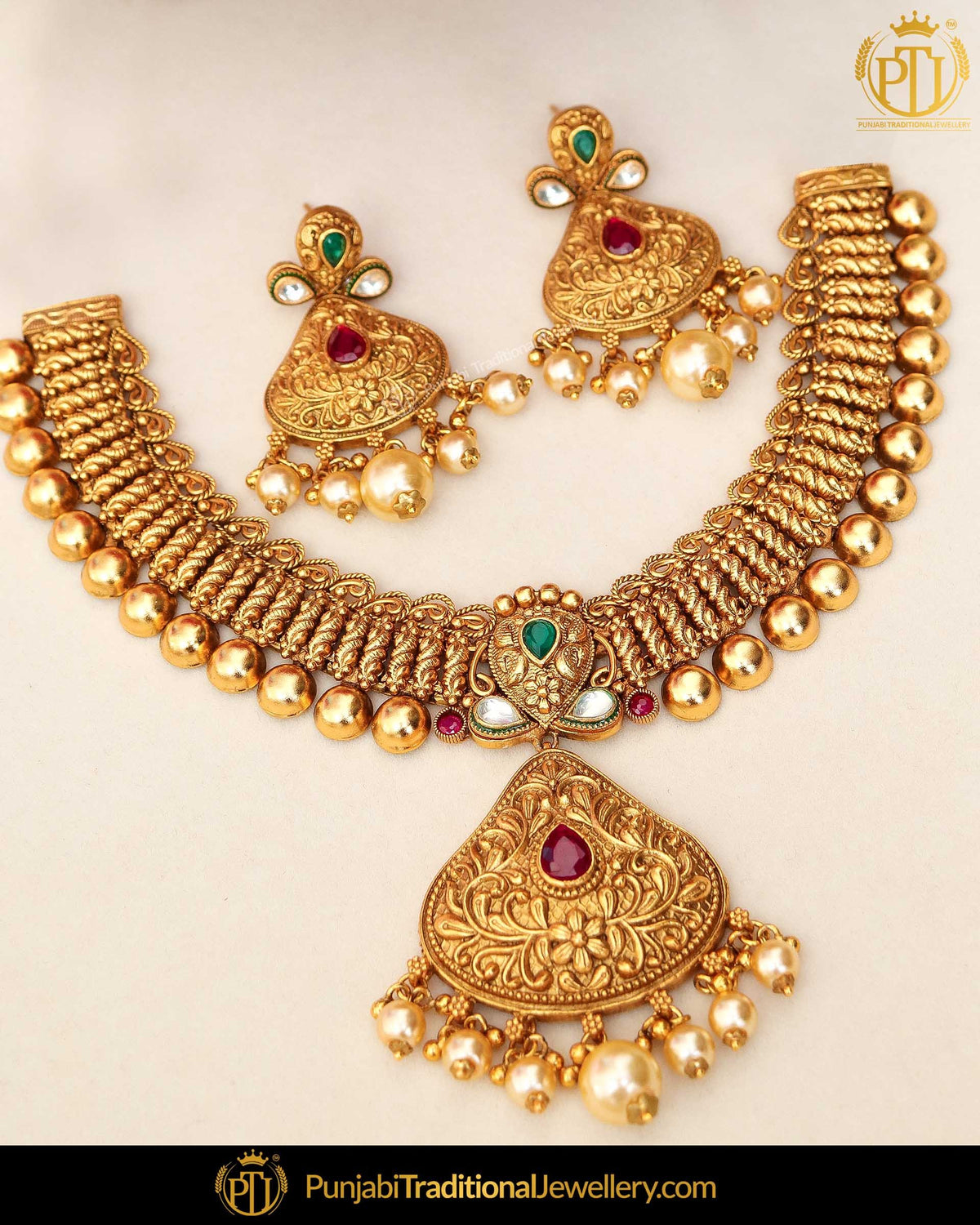 Antique Gold Finished Rubby Emerald Kundan Pearl Johda Necklace Set  | Punjabi Traditional Jewellery Exclusive