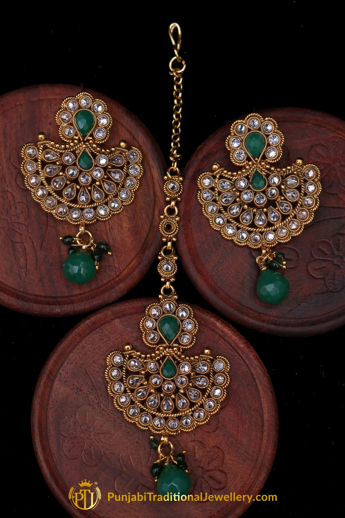 Green Polki Earring Tikka Set By Punjabi Traditional Jewellery
